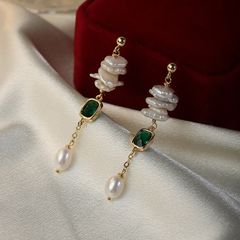 Designer Jewelry Bông Tai Kim Bạc s925 Thả Tua Rua Ngọc Trai Tự Nhiên Retro Baroque Dài Phối Kim Ngọc Lục Bảo MADAME HIEN PEARLS Cho Nữ