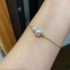 Vòng Tay Dạng Kiềng Bạc Ý s925 Dây Siêu Mịn Mặt Hạt Ngọc Trai Tròn Xuyên Tâm MADAME HIEN PEARLS VTT086