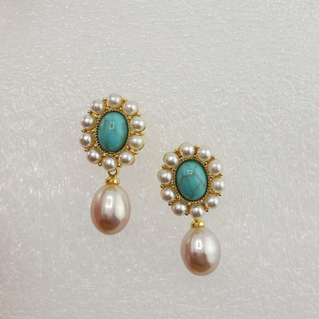 Bông Tai Ngọc Trai Tự Nhiên Mặt Turquoise Cổ Điển Viền Ngọc Trai Phong Cách Phương Đông Đính Tua Rua Hạt Ngọc Trai Giọt Nước Tự Nhiên MADAME HIEN PEARLS BTG091