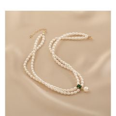 Vòng Cổ Ngọc Trai 2 Lớp Hạt Gạo Mặt Ngọc Bích Chữ Nhật Đính 1 Hạt Ngọc Trai Tua Rua MADAME HIEN PEARLS Cho Nữ CG053