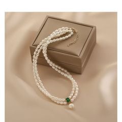 Vòng Cổ Ngọc Trai 2 Lớp Hạt Gạo Mặt Ngọc Bích Chữ Nhật Đính 1 Hạt Ngọc Trai Tua Rua MADAME HIEN PEARLS Cho Nữ CG053
