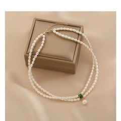 Vòng Cổ Ngọc Trai 2 Lớp Hạt Gạo Mặt Ngọc Bích Chữ Nhật Đính 1 Hạt Ngọc Trai Tua Rua MADAME HIEN PEARLS Cho Nữ CG053