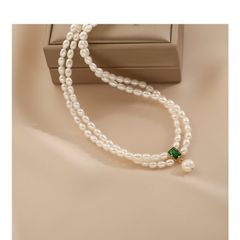 Vòng Cổ Ngọc Trai 2 Lớp Hạt Gạo Mặt Ngọc Bích Chữ Nhật Đính 1 Hạt Ngọc Trai Tua Rua MADAME HIEN PEARLS Cho Nữ CG053