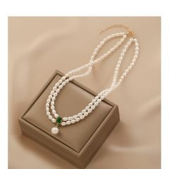 Vòng Cổ Ngọc Trai 2 Lớp Hạt Gạo Mặt Ngọc Bích Chữ Nhật Đính 1 Hạt Ngọc Trai Tua Rua MADAME HIEN PEARLS Cho Nữ CG053