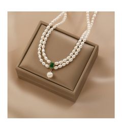 Vòng Cổ Ngọc Trai 2 Lớp Hạt Gạo Mặt Ngọc Bích Chữ Nhật Đính 1 Hạt Ngọc Trai Tua Rua MADAME HIEN PEARLS Cho Nữ CG053