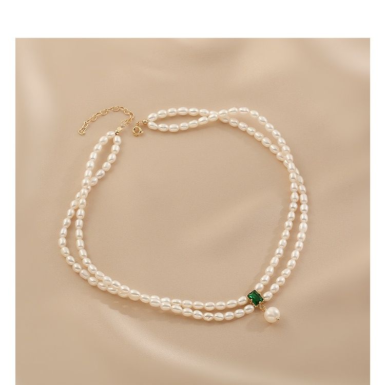 Vòng Cổ Ngọc Trai 2 Lớp Hạt Gạo Mặt Ngọc Bích Chữ Nhật Đính 1 Hạt Ngọc Trai Tua Rua MADAME HIEN PEARLS Cho Nữ CG053