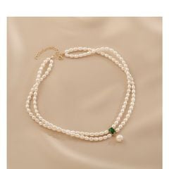 Vòng Cổ Ngọc Trai 2 Lớp Hạt Gạo Mặt Ngọc Bích Chữ Nhật Đính 1 Hạt Ngọc Trai Tua Rua MADAME HIEN PEARLS Cho Nữ CG053