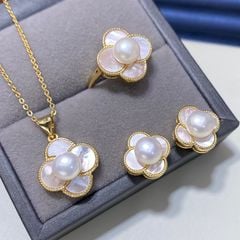 Bộ Set Ngọc Trai Vòng cổ + Nhẫn + Bông Tai Bộ Trang Sức Ngọc Trai Tự Nhiên Mặt Cỏ 4 Lá Trắng Xà Cừ Viền Vàng MADAME HIEN PEARLS SPS091