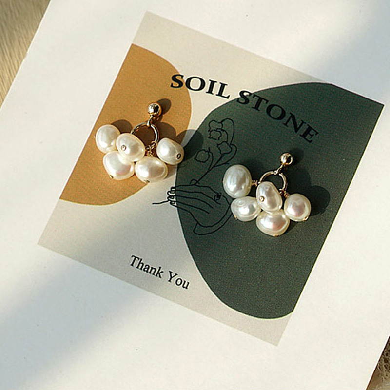 Bông Tai Ngọc Trai Chùm 5 Hạt Baroque Tự Nhiên Kim Bạc s925 Thời Trang Pháp Quý Phái BTB047