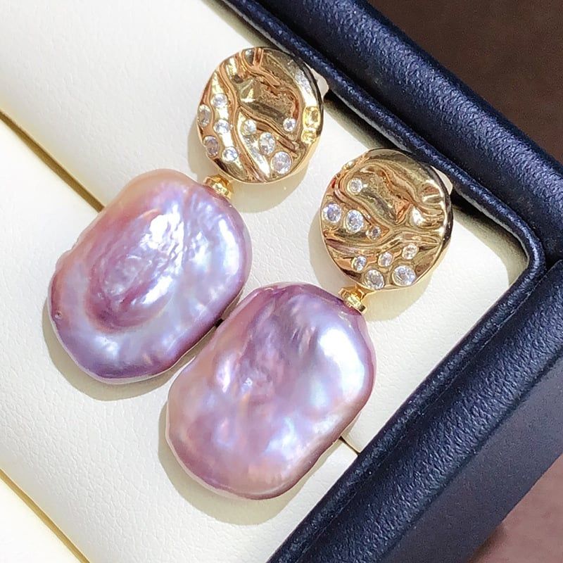 Bông Tai Ngọc Trai Baroque Tím Chữ Nhật Tự Nhiên Mặt Ánh Sao Đêm Lung Linh MADAME HIEN PEARLS Cho Nữ BTB049