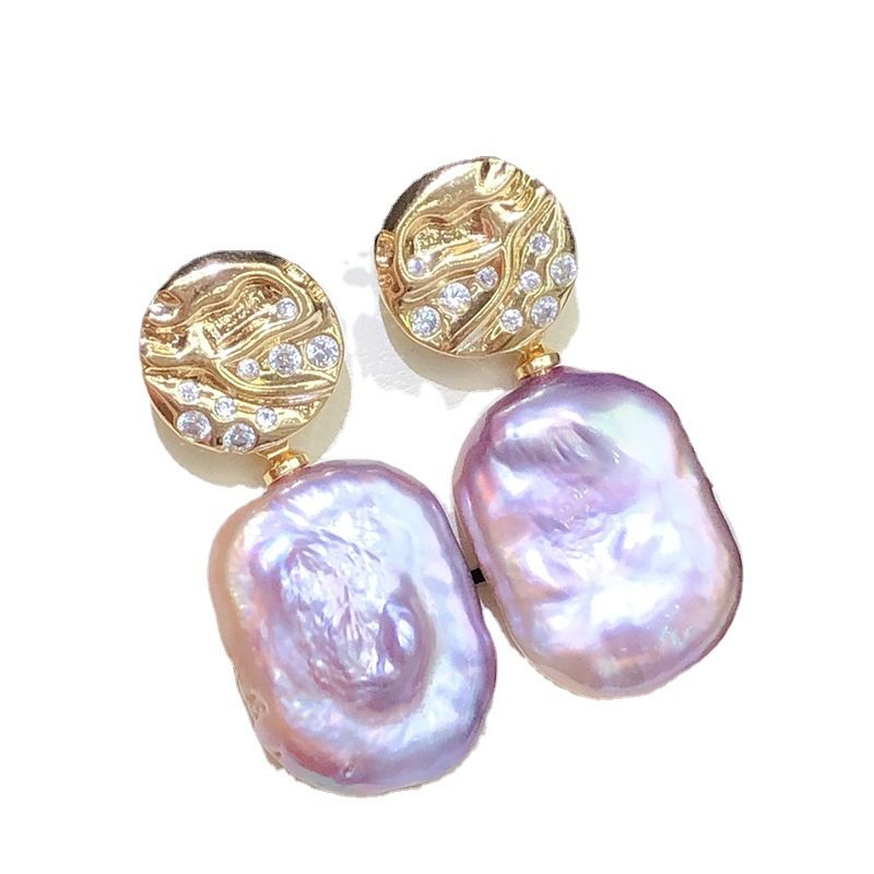 Bông Tai Ngọc Trai Baroque Tím Chữ Nhật Tự Nhiên Mặt Ánh Sao Đêm Lung Linh MADAME HIEN PEARLS Cho Nữ BTB049