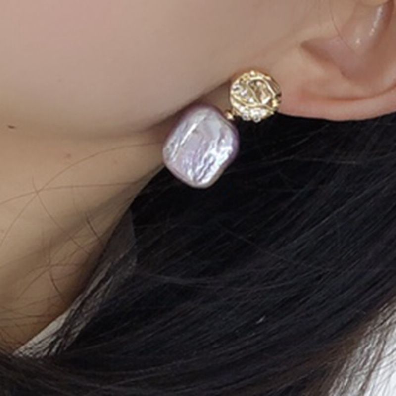 Bông Tai Ngọc Trai Baroque Tím Chữ Nhật Tự Nhiên Mặt Ánh Sao Đêm Lung Linh MADAME HIEN PEARLS Cho Nữ BTB049