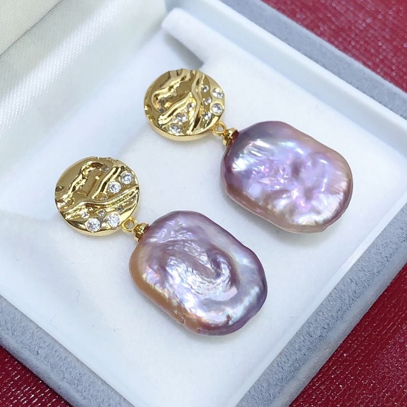 Bông Tai Ngọc Trai Baroque Tím Chữ Nhật Tự Nhiên Mặt Ánh Sao Đêm Lung Linh MADAME HIEN PEARLS Cho Nữ BTB049