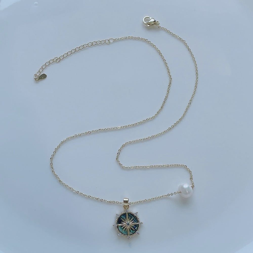 Bộ Trang Sức Ngọc Trai Gồm Dây Chuyền và Bông Tai Ngọc Trai Mặt Ngôi Sao La Bàn Compass Star Cẩn Xà Cừ Bàu Ngư Xanh MADAME HIEN PEARLS Cho nữ SPS119