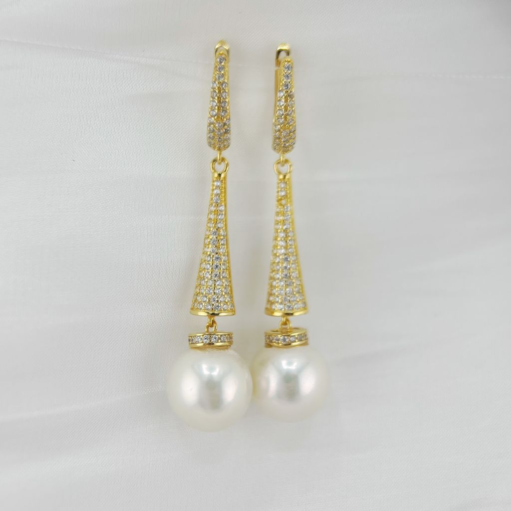 Bông Tai Ngọc Trai Phối Chuôi Bạc Dài Móc Câu Có Khoá Đính Pha Lê Lấp Lánh MADAME HIEN PEARLS Bông Tai Thiết Kế Cao Cấp BTT077