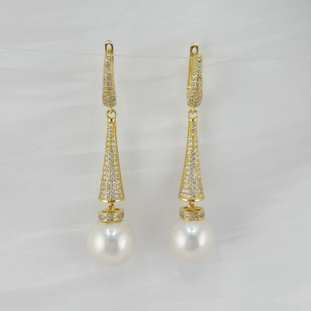 Bông Tai Ngọc Trai Phối Chuôi Bạc Dài Móc Câu Có Khoá Đính Pha Lê Lấp Lánh MADAME HIEN PEARLS Bông Tai Thiết Kế Cao Cấp BTT077