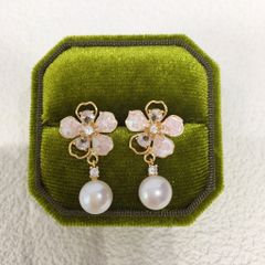 Bông Tai Ngọc Trai Tự Nhiên Mặt Hoa Đá Hồng Dâu Đính Tua Rua Hạt Ngọc Trai Đáng Yêu MADAME HIEN PEARLS Cho Nữ