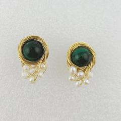 Bông Tai Ngọc Trai Tự Nhiên Mặt Ngọc Bích Kết Tủa 6 Hạt Ngọc Trai Tự Nhiên MADAME HIEN PEARLS BTT072