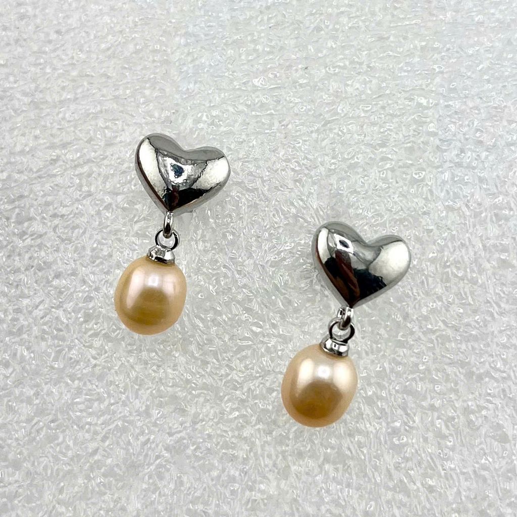 Bông Tai Ngọc Trai Tự Nhiên Mặt Trái Tim Bạc Tua Rua Ngọc Trai Hạt Gạo Đáng Yêu MADAME HIEN PEARLS BTG029