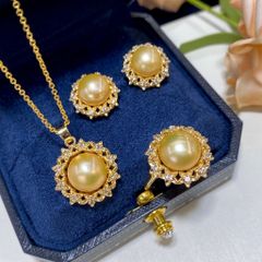 Bộ Set Ngọc Trai Vòng Cổ, Nhẫn và Bông Tai Bộ Trang Sức Ngọc Trai Màu Vàng Tự Nhiên Mặt Khảm Hoa Đính Đá Quý MADAME HIEN PEARLS