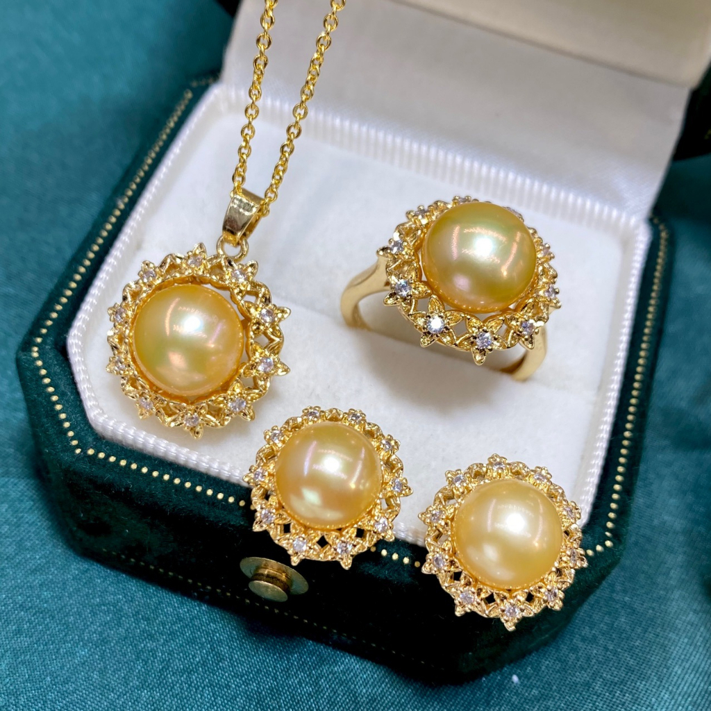 Bộ Set Ngọc Trai Vòng Cổ, Nhẫn và Bông Tai Bộ Trang Sức Ngọc Trai Màu Vàng Tự Nhiên Mặt Khảm Hoa Đính Đá Quý MADAME HIEN PEARLS