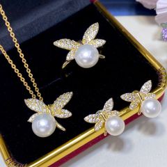 Bộ Set Ngọc Trai Vòng cổ, Nhẫn và Bông Tai Bộ Trang Sức Ngọc Trai Tự Nhiên Khung Kim Chuồn Chuồn MADAME HIEN PEARLS Cho Nữ SPS111