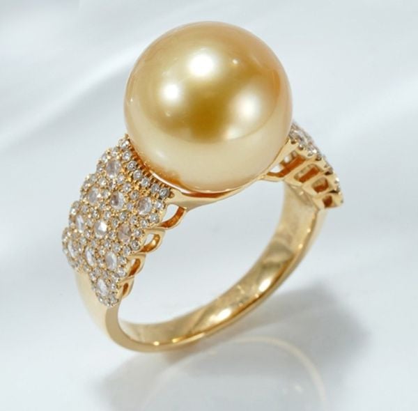 Nhẫn Vàng Thật 18k 1c47 Đính Ngọc Trai Trắng 11-12mm Hạt Tròn Đẹp Grade AAA MADAME HIEN PEARLS V18NT002