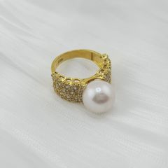 Nhẫn Vàng Thật 18k 1c47 Đính Ngọc Trai Trắng 11-12mm Hạt Tròn Đẹp Grade AAA MADAME HIEN PEARLS V18NT002