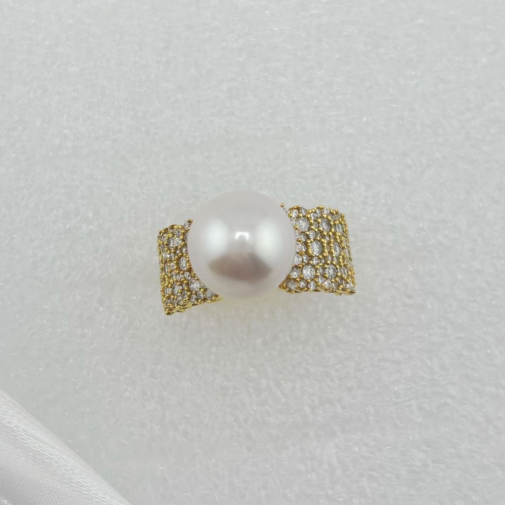 Nhẫn Vàng Thật 18k 1c47 Đính Ngọc Trai Trắng 11-12mm Hạt Tròn Đẹp Grade AAA MADAME HIEN PEARLS V18NT002