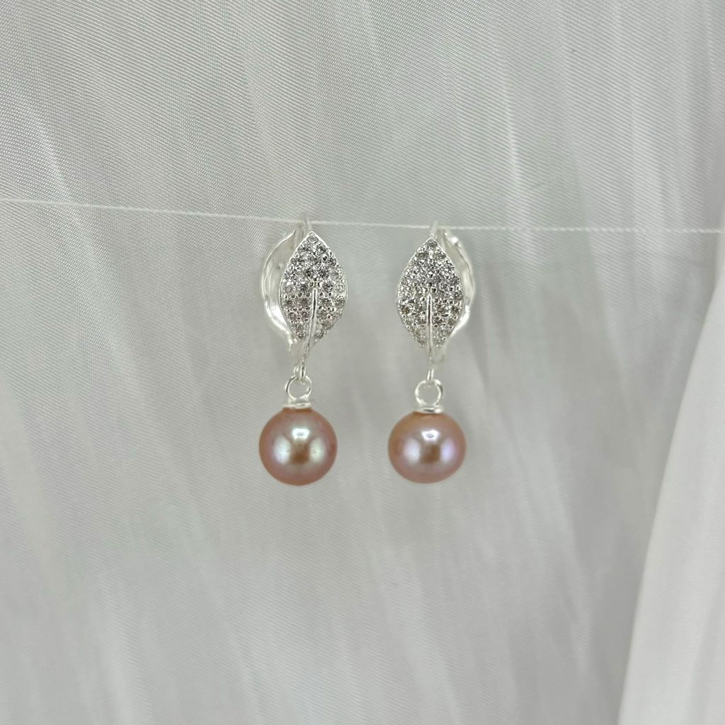 Bông Tai Ngọc Trai Tự Nhiên Khung Bạc Ta Dáng Chiếc Lá Đôi Đính Zircon Tua Rua 1 Viên Ngọc Trai Tròn Tự Nhiên MADAME HIEN PEARLS Cho Nữ BTN220