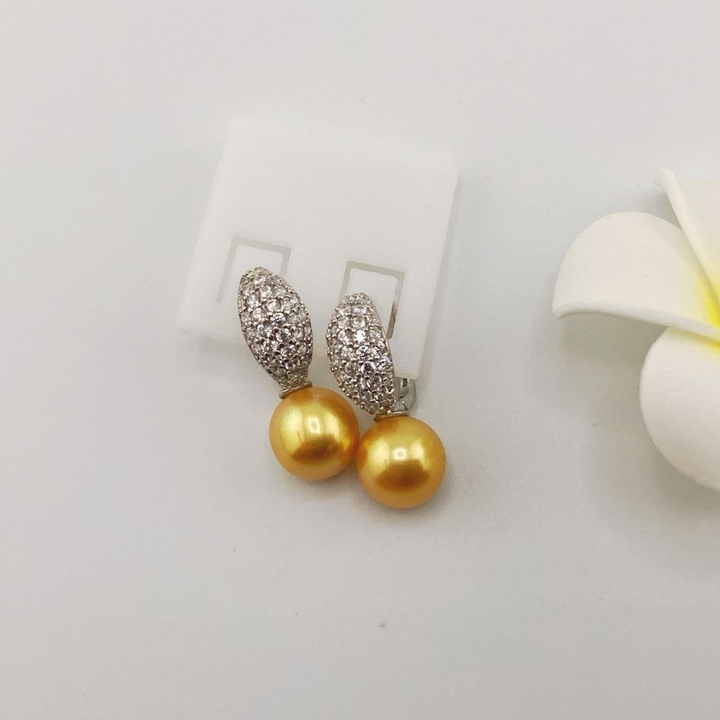 Bông Tai Bạc s925 Mạ Vàng Trắng Italia Đính Ngọc Trai Vàng 9-10mm Hạt Tròn Đẹp Grade AAAA BMVBTT004V