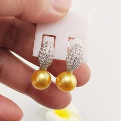 Bông Tai Bạc s925 Mạ Vàng Trắng Italia Đính Ngọc Trai Vàng 9-10mm Hạt Tròn Đẹp Grade AAAA BMVBTT004V