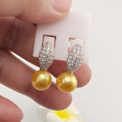 Bông Tai Bạc s925 Mạ Vàng Trắng Italia Đính Ngọc Trai Vàng 9-10mm Hạt Tròn Đẹp Grade AAAA BMVBTT004V