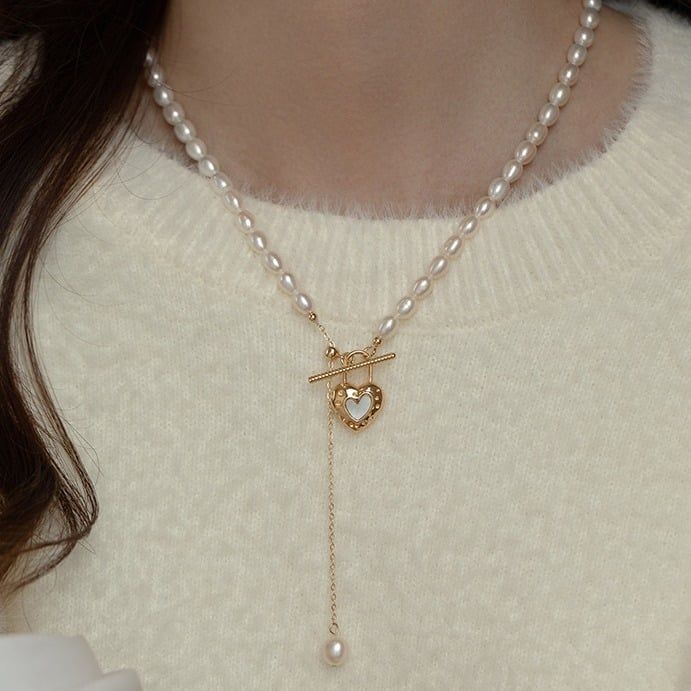 Vòng Cổ Choker Ngọc Trai Hạt Gạo Mặt OT Trái Tim Tua Rua Phong Cách Pháp Lãng Mạn Love Shell Retro MADAME HIEN PEARLS Cho Nữ CG073