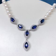 Vòng Cổ Ngọc Trai Mặt Đá Sapphire Xanh Hoàng Gia 2 Lớp Ngọc Trai Tự Nhiên Cho Cô Dâu Ngày Cưới MADAME HIEN PEARLS CT017