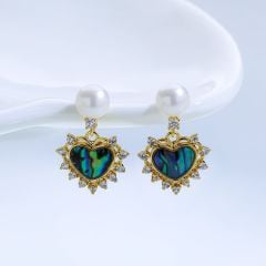 Bông Tai Mặt Ngọc Trai Tự Nhiên Đính Tua Rua Trái Tim Xà Cừ Xanh Bàu Ngư Viền Đá MADAME HIEN PEARLS Cho Nữ BTN203B