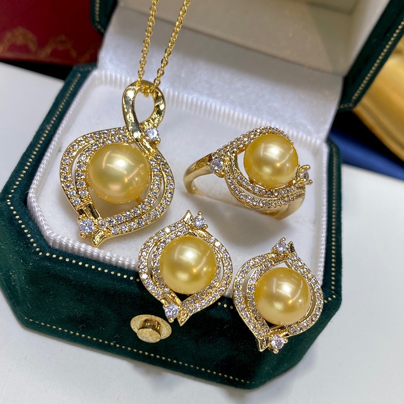 Bộ Set Ngọc Trai Dây chuyền + Nhẫn + Bông Tai Bạc 925 Mạ Vàng Đính Hạt Trai Vàng Quý Tộc SPS027V