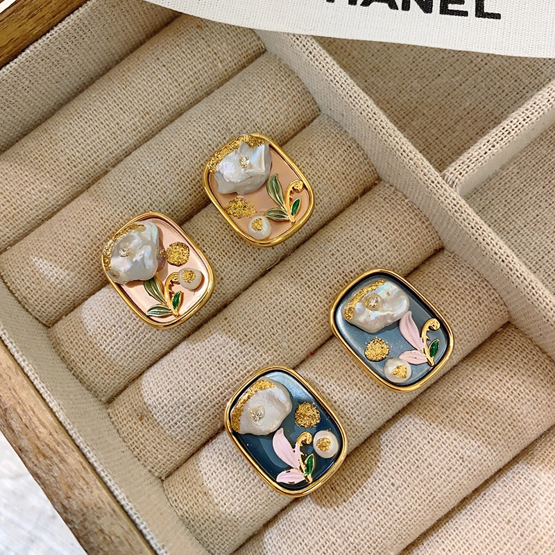 Bông Tai Bạc 925 Tranh Sơn Dầu Nghệ Thuật Đính Ngọc Trai Baroque BTB017