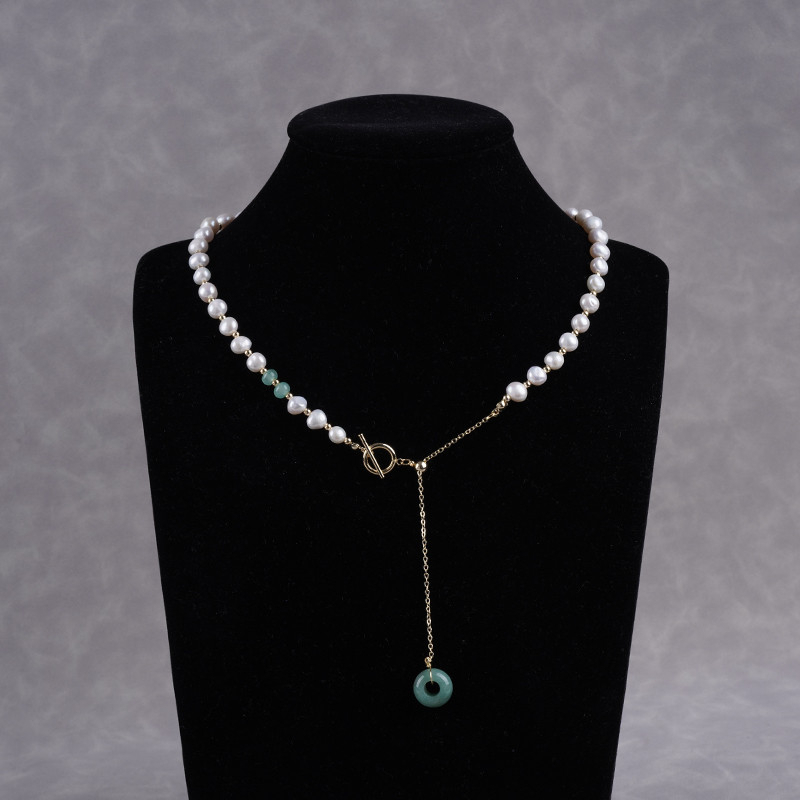 Vòng Cổ Dây Chuyền Phối Ngọc Bích Khoá Tua Rua Dài Đính Đồng Tiền Cẩm Thạch Hotan Jade Sang Trọng MADAME HIEN PEARLS Cho Nữ CT069