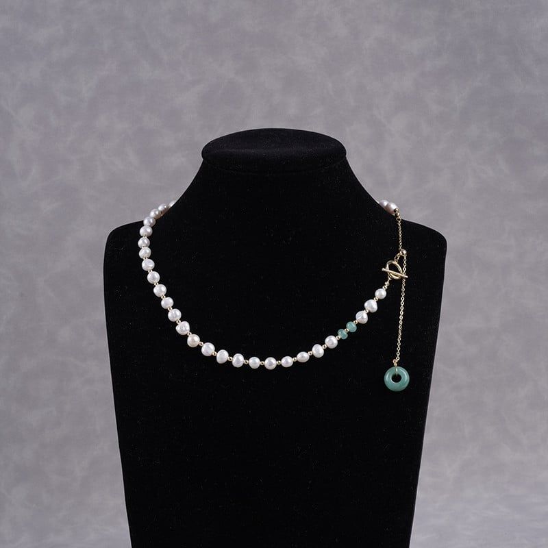 Vòng Cổ Dây Chuyền Phối Ngọc Bích Khoá Tua Rua Dài Đính Đồng Tiền Cẩm Thạch Hotan Jade Sang Trọng MADAME HIEN PEARLS Cho Nữ CT069