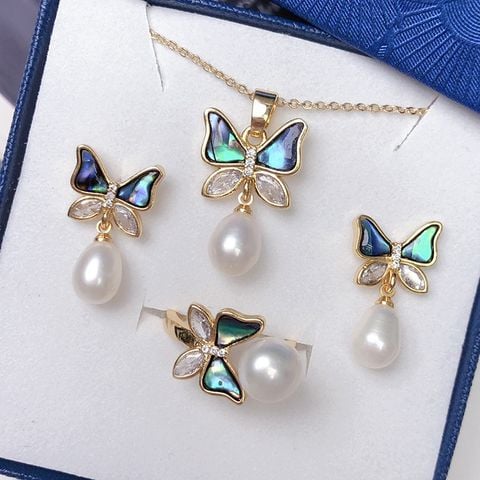 Bộ Set Bạc Vòng cổ, Nhẫn và Bông Tai Dáng Bướm Đính Ngọc Trai Tự Nhiên MADAME HIEN PEARLS SPS013