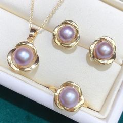 Bộ Set Ngọc Trai Dây chuyền + Nhẫn + Bông Tai Dáng Hoa 3 Cánh đáng yêu