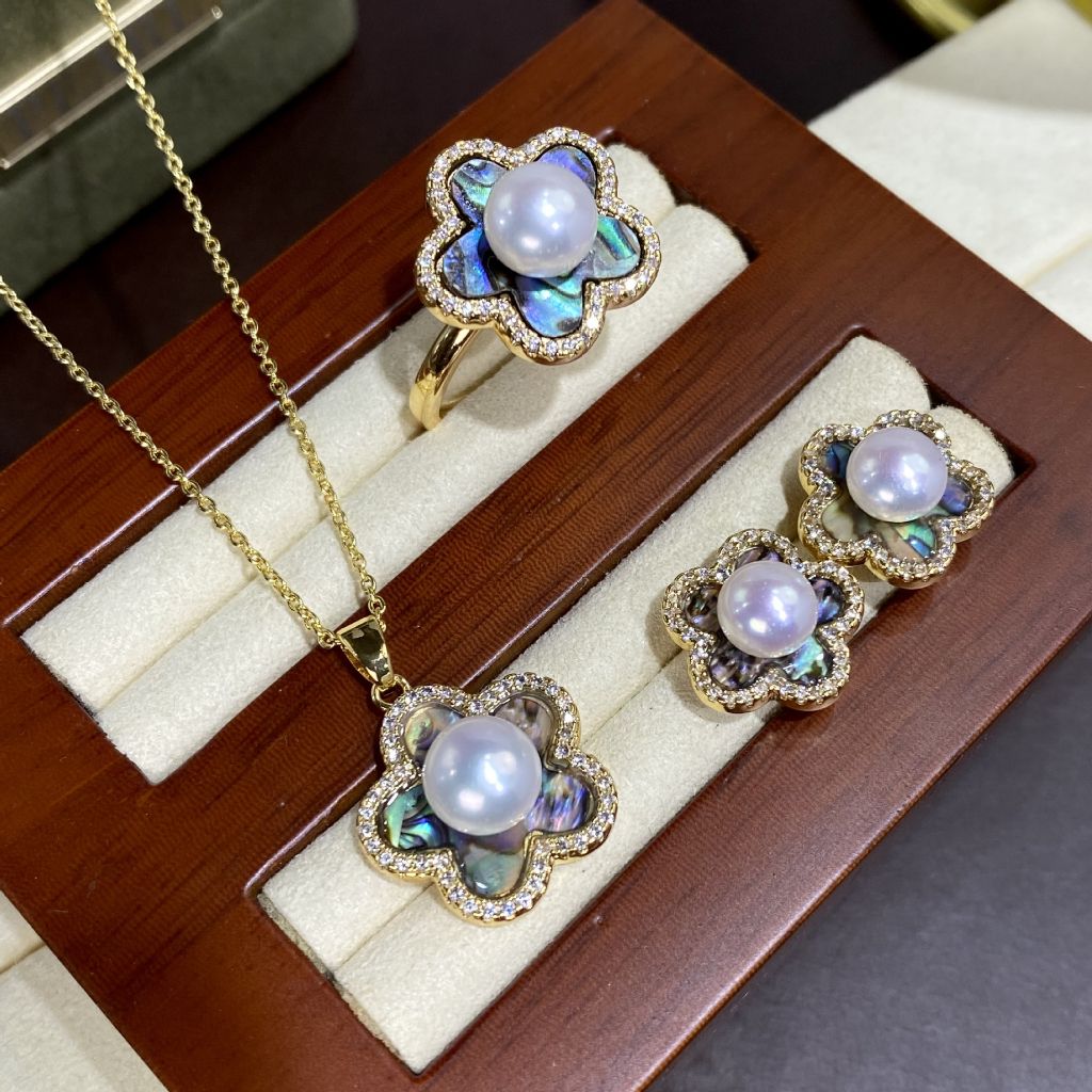 Bộ Set Ngọc Trai Vòng cổ + Nhẫn + Bông Tai Bộ Trang Sức Ngọc Trai Tự Nhiên Hoa Mai 5 Cánh Phảm Xà Cừ Vỏ Bàu Ngư MADAME HIEN PEARLS SPS087