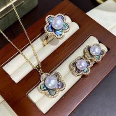 Bộ Set Ngọc Trai Vòng cổ + Nhẫn + Bông Tai Bộ Trang Sức Ngọc Trai Tự Nhiên Hoa Mai 5 Cánh Phảm Xà Cừ Vỏ Bàu Ngư MADAME HIEN PEARLS SPS087