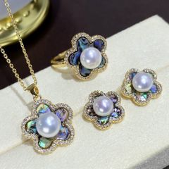 Bộ Set Ngọc Trai Vòng cổ + Nhẫn + Bông Tai Bộ Trang Sức Ngọc Trai Tự Nhiên Hoa Mai 5 Cánh Phảm Xà Cừ Vỏ Bàu Ngư MADAME HIEN PEARLS SPS087