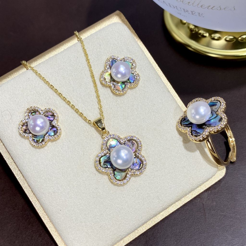 Bộ Set Ngọc Trai Vòng cổ + Nhẫn + Bông Tai Bộ Trang Sức Ngọc Trai Tự Nhiên Hoa Mai 5 Cánh Phảm Xà Cừ Vỏ Bàu Ngư MADAME HIEN PEARLS SPS087