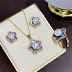 Bộ Set Ngọc Trai Vòng cổ + Nhẫn + Bông Tai Bộ Trang Sức Ngọc Trai Tự Nhiên Hoa Mai 5 Cánh Phảm Xà Cừ Vỏ Bàu Ngư MADAME HIEN PEARLS SPS087