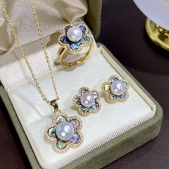 Bộ Set Ngọc Trai Vòng cổ + Nhẫn + Bông Tai Bộ Trang Sức Ngọc Trai Tự Nhiên Hoa Mai 5 Cánh Phảm Xà Cừ Vỏ Bàu Ngư MADAME HIEN PEARLS SPS087