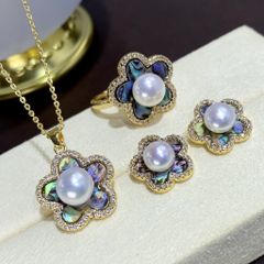 Bộ Set Ngọc Trai Vòng cổ + Nhẫn + Bông Tai Bộ Trang Sức Ngọc Trai Tự Nhiên Hoa Mai 5 Cánh Phảm Xà Cừ Vỏ Bàu Ngư MADAME HIEN PEARLS SPS087