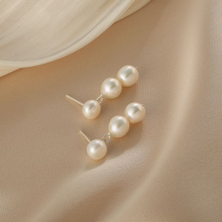 Khuyên Tai Bạc 925 Dài 3 Hạt Ngọc Trai Tự Nhiên MADAME HIEN PEARLS Thời Trang